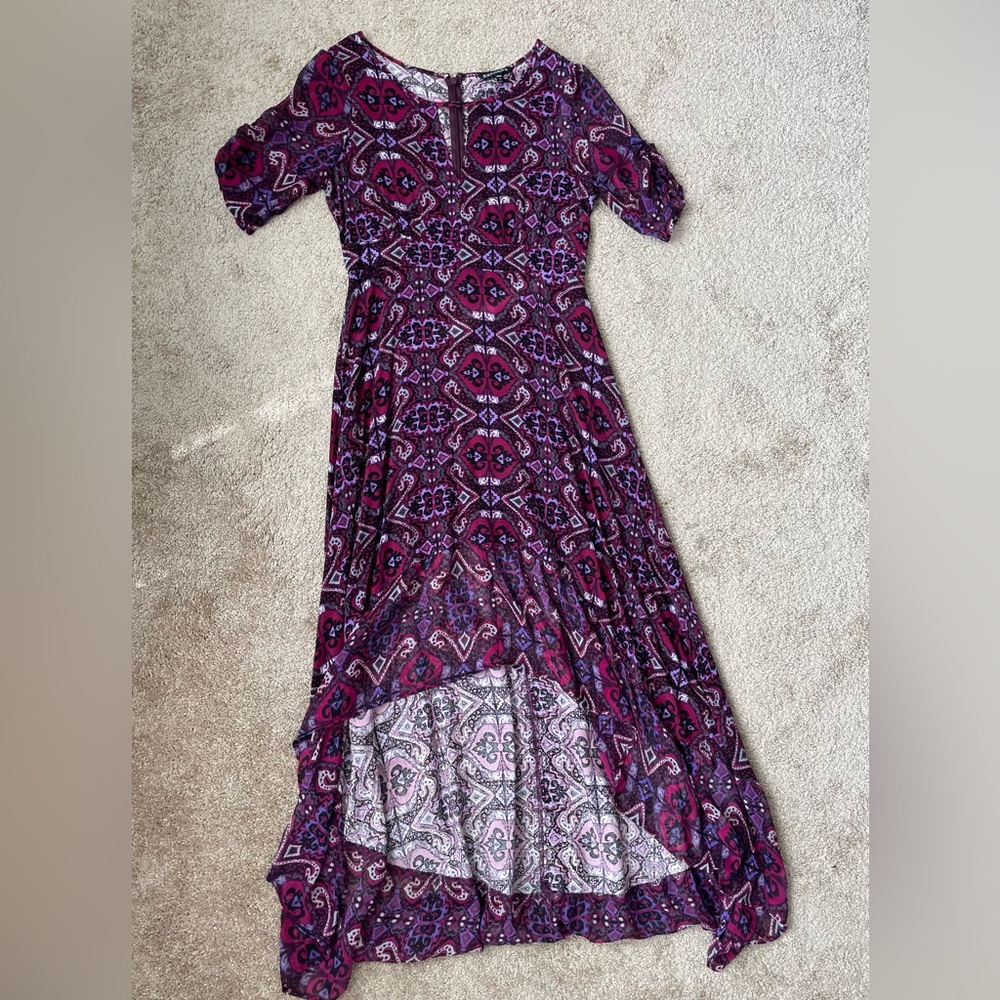 Elegant Purple Patterned High-Low Asymmetrical Dress